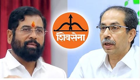 Uddhav Thackeray and Eknath Shinde with Shiv Sena party Logo