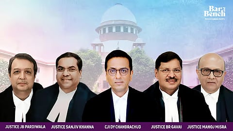 Justices JB Pardiwala, Sanjiv Khanna, CJI DY Chandrachud, BR Gavai, Manoj Misra with SC