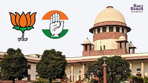 Supreme Court with Congress and BJP symbols
