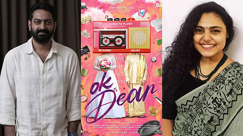 (L to R) Saiju Kurup, Announcement poster of Ok Dear, Vincy Aloshious