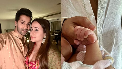 Varun Dhawan with wife Natasha Dalal (left) and a glimpse of their daughter Lara