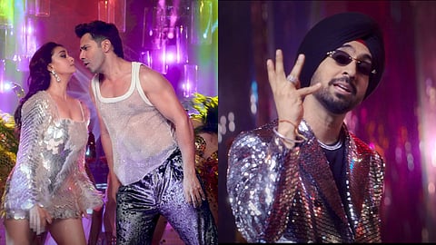 From left, Keerthy Suresh, Varun Dhawan and Diljit Dosanjh in the music video
