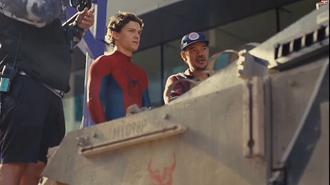 Tom Holland (L) and director Destin Daniel Cretton (R) on the sets of Spider-Man: Brand New Day