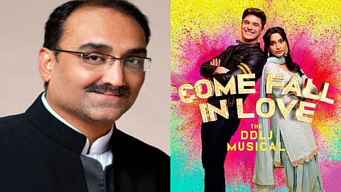 Aditya Chopra (L) and Come Fall In Love poster (R)