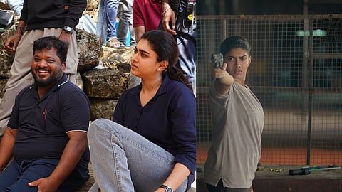 Sarkunam and Dushara on the sets of Exam; A still from Exam