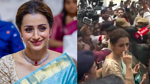 Trisha mobbed outside after attending CM Vijay's oath-taking event