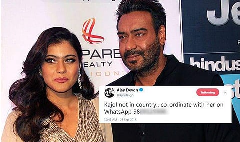 Ajay Devgn shares Kajol's 'WhatsApp' number on Twitter; calls it a prank later 