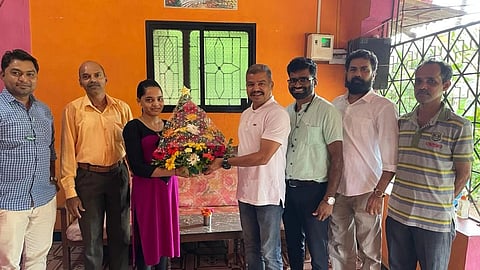 Ms. Swarupa accepting bouquet from their local dignitaries, at Pernem Goa, on Tuesday, 20 July, 2021 