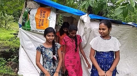 
Goa: Children who learn plastic tents online in the forest at Sange, 6 August 2021.