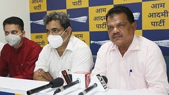 Goa: Mahadev Naik speaking at a press conference at AAP's office. Surel Tilve and Rahul Mhambare on the side.