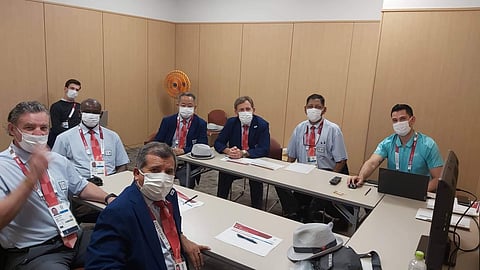 Lenny D`Gama with officials at the Tokyo Olympic Boxing Championships.