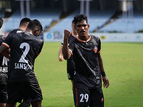 Durand Cup : Devendra Murgaonkar (right) and FC Goa players cheering after scoring a goal.