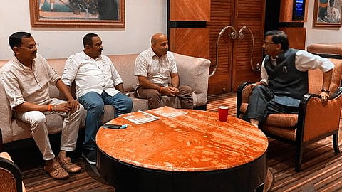 ShivSena chief Jeevan Kamat, Goa state chief Jitesh Kamat and state general secretary Milind Gavas while talking to Shiv Sena state in-charge MP Sanjay Raut