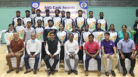 Goa: Chief Minister Dr. Pramod Sawant, Deputy Chief Minister Manohar (Babu) Azgaonkar and others along with the medal winning athletes.