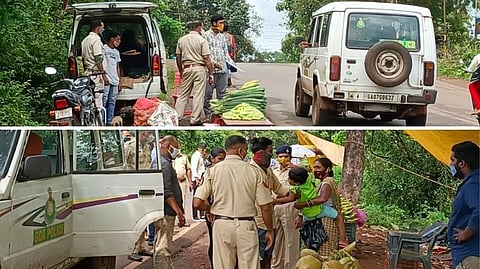 डिचोली येथे रस्त्याच्या बाजूला बसलेल्या  विक्रेत्यांना हुसकावताना पोलिस (Goa)