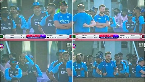 भारतीय खेळाडू (Indian Players) आणि कोचिंग स्टाफ पाकिस्तानी संघाच्या खेळाडूंना फलंदाजी करताना उत्सुकतेने पाहताना.