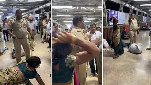 uttar pradesh story policeman beaten with slippers by woman at lucknow railway station video viral