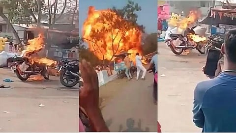 royal enfield bullet catches fire before prayers andhra pradesh anantpur ugadi