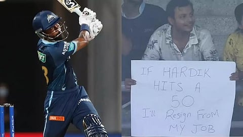 If Hardik hits 50 I ll resign from my job Fans banner goes viral after GT skipper's fifty, netizens react 