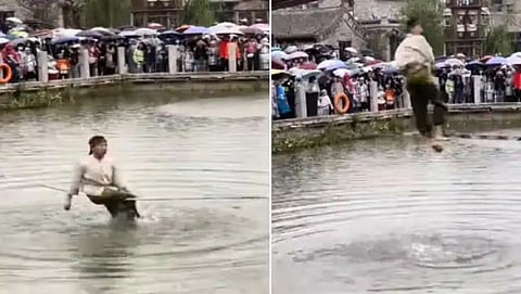 boy stunt on narrow rope over water amazing stunting video viral
