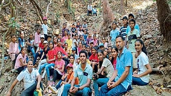 A class of teachers with the Children of Vivekananda Gnanmandir who participated in the forest meal