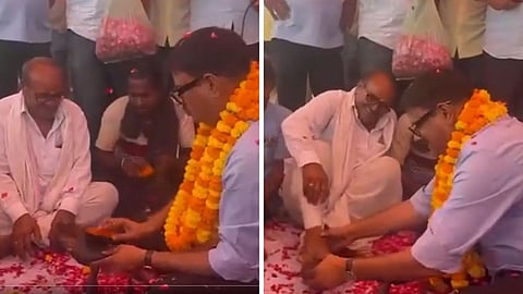 Omprakash Hudla, an independent MLA from Rajasthan, polished the shoes of his workers and the public at a shoe shop.

