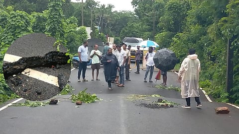 उसगावात मुसळधार पाऊस, नव्यानेच हॉटमिक्सिंग केलेला रस्ता खचला; वाहतूक बंद!