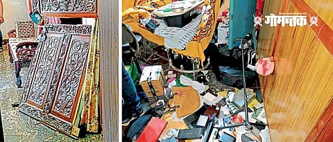 1) मडगाव : चोरट्यांनी फोडलेला फ्लॅटचा मुख्य दरवाजा. २) फ्लॅटमध्ये चोरट्यांनी अस्ताव्यस्त फेकलेल्या वस्तू.