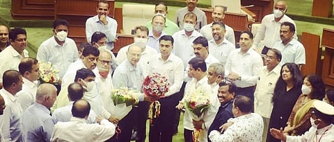 Prime Minister Narendra Modi congratulates senior member of Goa Legislative Assembly Pratap Singh Rane on completing fifty years of his political career