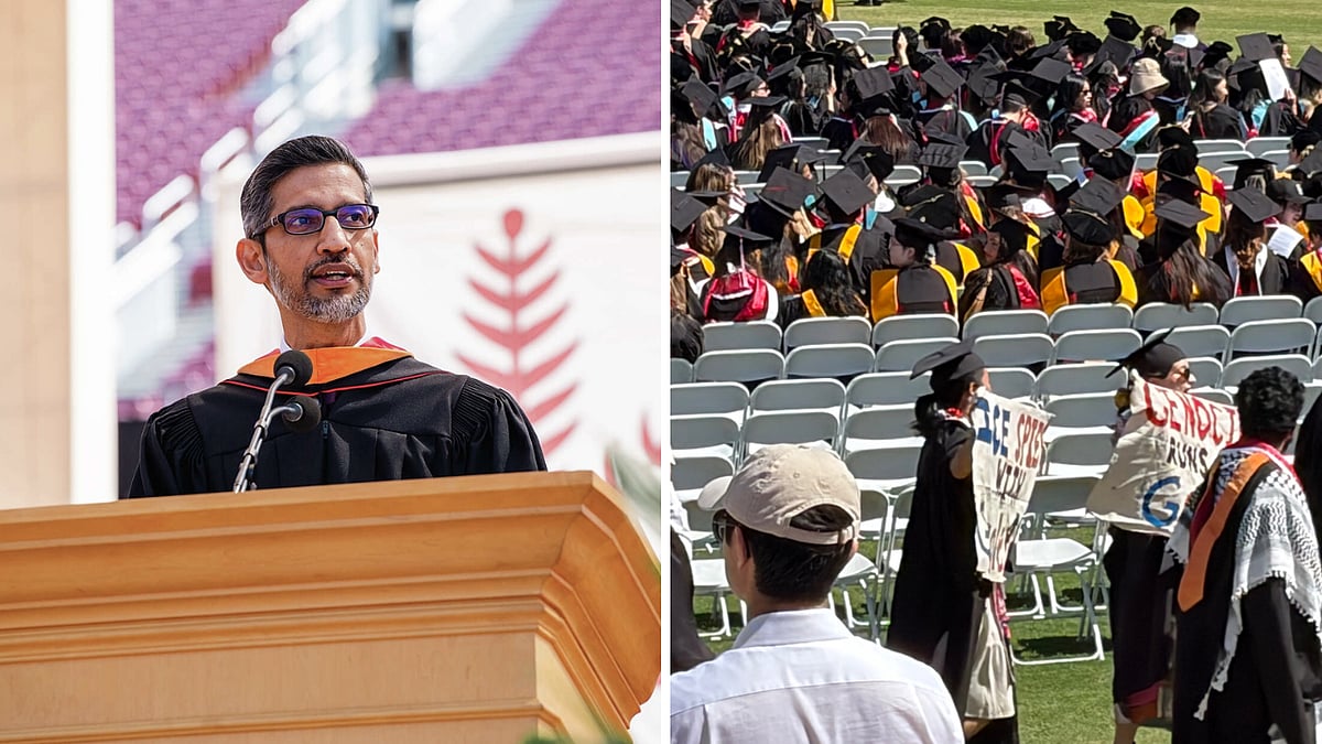 Free Palestine' slogans erupt as students walk out of Sundar Pichai's  Stanford speech