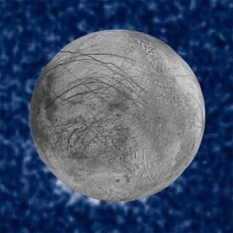 This composite image shows suspected plumes of water vapour erupting at the 7 o’clock position off the limb of Jupiter’s moon Europa. The plumes, photographed by NASA’s Hubble’s Space Telescope Imaging Spectrograph, were seen in silhouette as the moon passed in front of Jupiter. Hubble’s ultraviolet sensitivity allowed for the features—rising over 160 kilometres above Europa’s icy surface—to be discerned. The water is believed to come from a subsurface ocean on Europa 
Credits: NASA/ESA/W. Sparks (STScI)/USGS Astrogeology Science Center