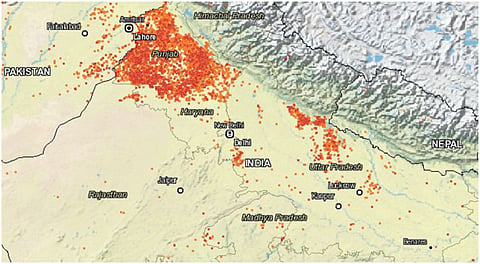Image showing the crop fires in Punjab and Haryana in the past 72 hours (Source: NASA fire web mapper)