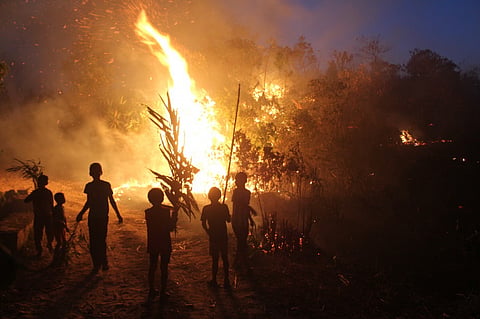 A bunch of Khasi children fire-fighters watch on, as the flames erupt in a slash and burn episode. (Credit: Mirza Zulfiqur Rahman) 