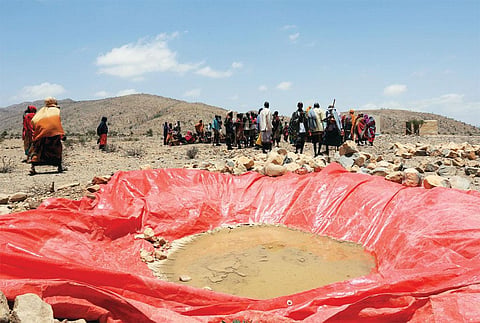 Displaced people gather at an artificial water pan near Habaas town of Awdal
region in Somaliland in April 2016. As East Africa reels from the worst drought in
a century, scientific studies show the impact of drought is more severe because of
climate change (Photo: Photo: Reuters)
