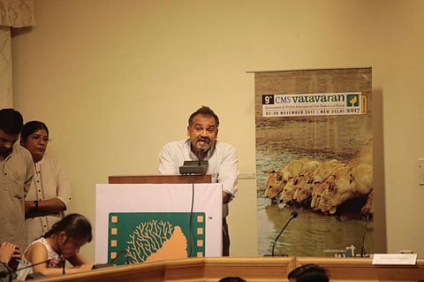 Nila Madhab Panda speaking at the launch of "Drought But Why?" at CMS Vatavaran Credit: Vikas Choudhary