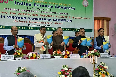 Manipur Deputy CM Y Joykumar Singh releasing a souvenir during opening function of Science Communicators' meet. Credit: Sobhapati Samom 