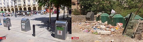 The underground bins in Dehradun overflow with garbage due to insufficient capacity, lack for labeling for segregation as well as awareness programmes for residents. Credit: Wikimedia commons (Spain, left) and R Shrivastava (India, right)