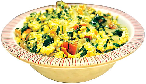Scrambled eggs prepared with tender tree spinach leaves is sufficient to take care of one's daily requirement of nutrition (Photo: Megha Prakash)