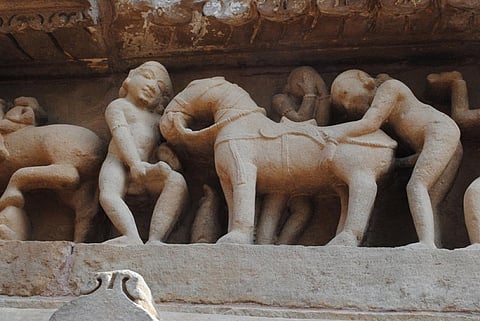 A man having intercourse with a horse, pictured on the exterior of a temple in Khajuraho              Credit: Wikimedia Commons