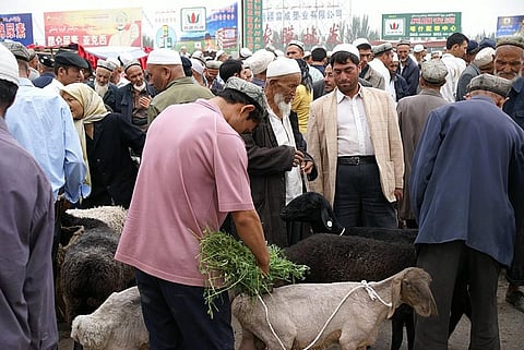 Uyghur men at a livestock market in Kashgar, Xinjiang       Credit: Wikimedia Commons