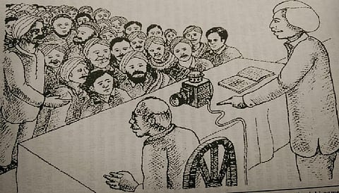 Artistic representation of Ruchi Ram Sahni delivering a public lecture. Credit: Vigyan Prasar