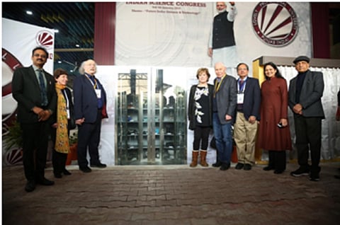 Time capsule being lowered by Nobel laureates at the Indian Science Congress 2019. Credit: India Science Wire