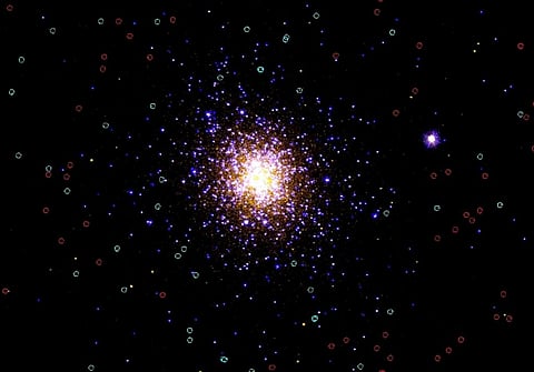 UV image of NGC- 2808 with far-ultraviolet emission shown in blue and near-ultraviolet emission in yellow. [This image is featured as the AstroSat Picture of the Month]