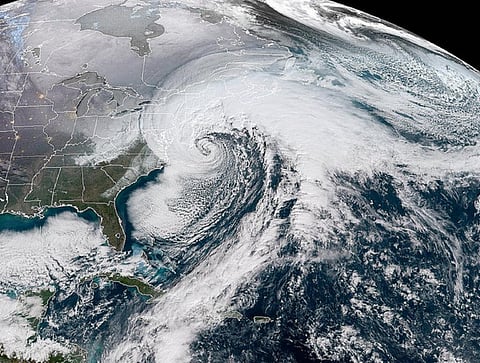 The National Oceanic and Atmospheric Administration (NOAA) GOES-16 satellite image of the bomb cyclone moving up the East Coast in January 2017. Photo: NOAA/NASA
