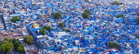 A panoramic view of blue-painted houses  in Jodhpur, close to the Thar desert. Using lighter shades to paint houses can reflect heat. Photo: Getty Images