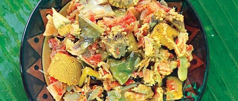 Sunnachi bhaji, a dish made from the flower of elephant foot yam and dried peels of kokum, truly represents the Goan food diversity (Photo: Arti Das)