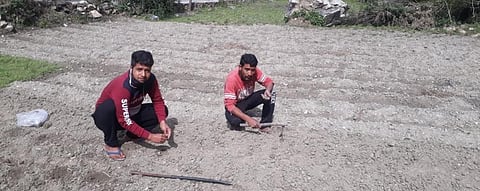 Migrant workers who returned to Uttarakhand show the land they are cultivating Photo: Harsh Bahuguna