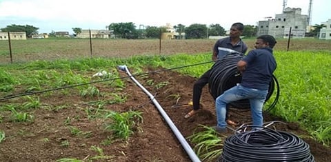 Farmers for Forests field team install a drip irrigation system for its pilot afforestation project in Ahmednagar, Maharashtra. Photo: Farmers for Forests 
