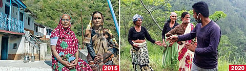 Down To Earth (DTE)  had visited  Bondul village in Pauri  in 2015 and found the village was inhabited only by Bimla Devi and  Pushpa Devi (left), apart from a family. DTE's visit after the pandemic saw smiles back on the women's faces as their sons had returned home with their families (Photographs: Vikas Choudhary and Srikant Chaudhary)