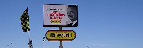 A humorous message about actor Tom Hanks at the closed Las Vegas Mini Grand Prix amid the coronavirus pandemic. Photo: The Conversation / Ethan Miller / Getty Images